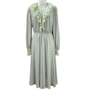Bergdorf Goodman Dress S Green Lace Ruffle Neck Midi VTG 80 90s Prairie Coquette